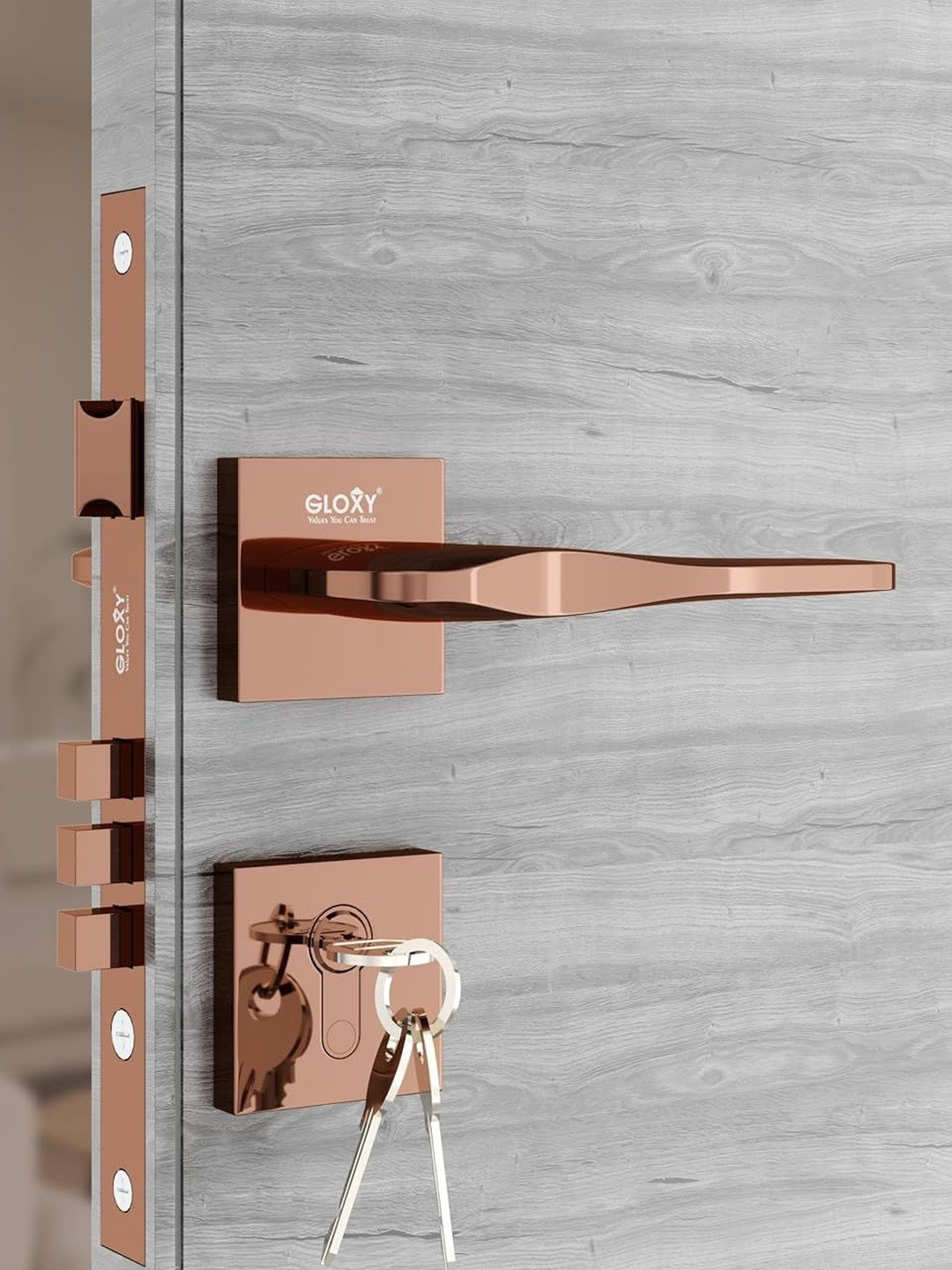 GLOXY Zinc Heavy Duty Mortise Main Door Lock Set with Door Handle and 3 Brass Keys