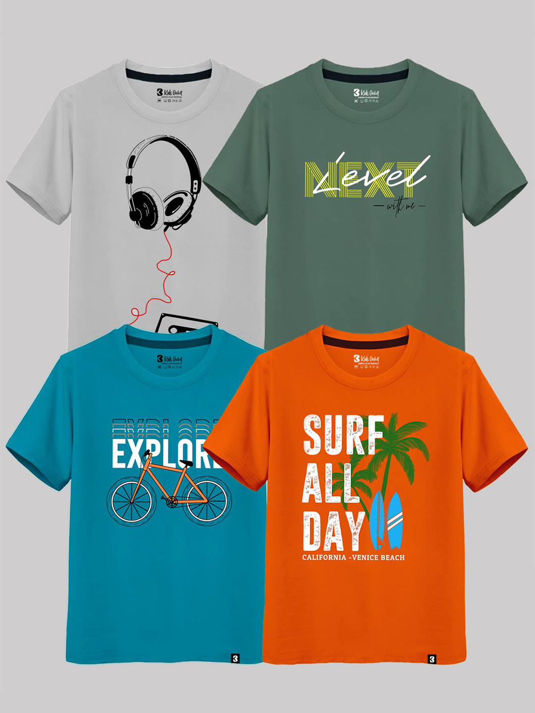 Kids Pack of 4 Basket Boys Typography Printed Round Neck Cotton T-shirts