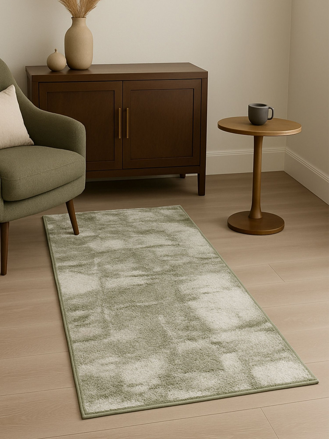 OBSESSIONS White & Green Abstract Water-Repellant Ecological Resilient Bedside Runner