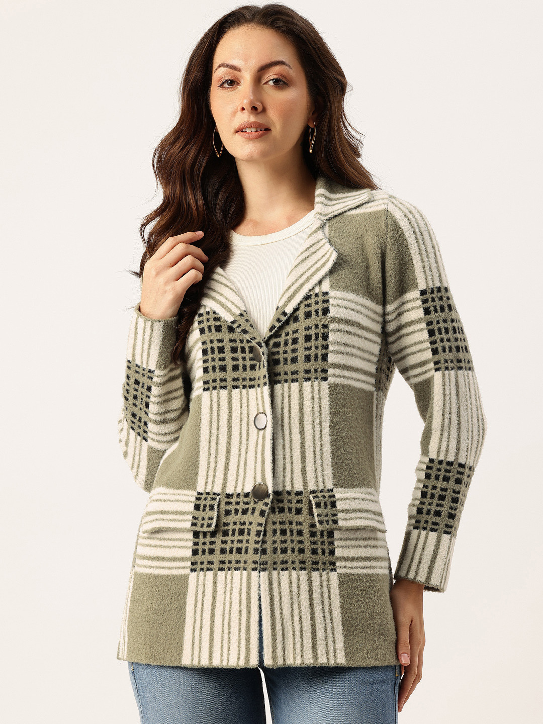 APSLEY Notched Lapel Checked Cardigan