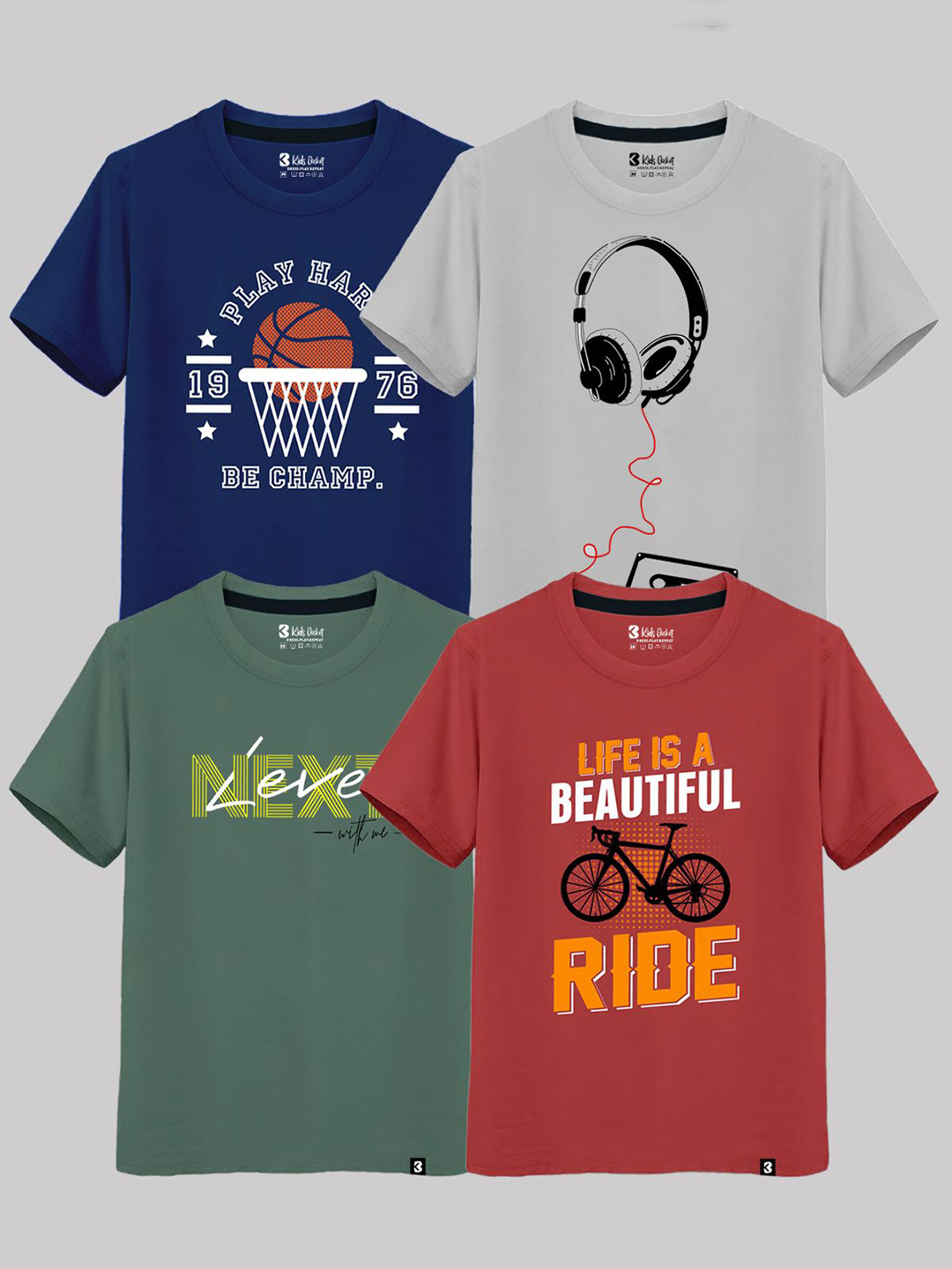 Kids Pack of 4 Basket Boys Graphic Printed Round Neck Cotton T-shirts