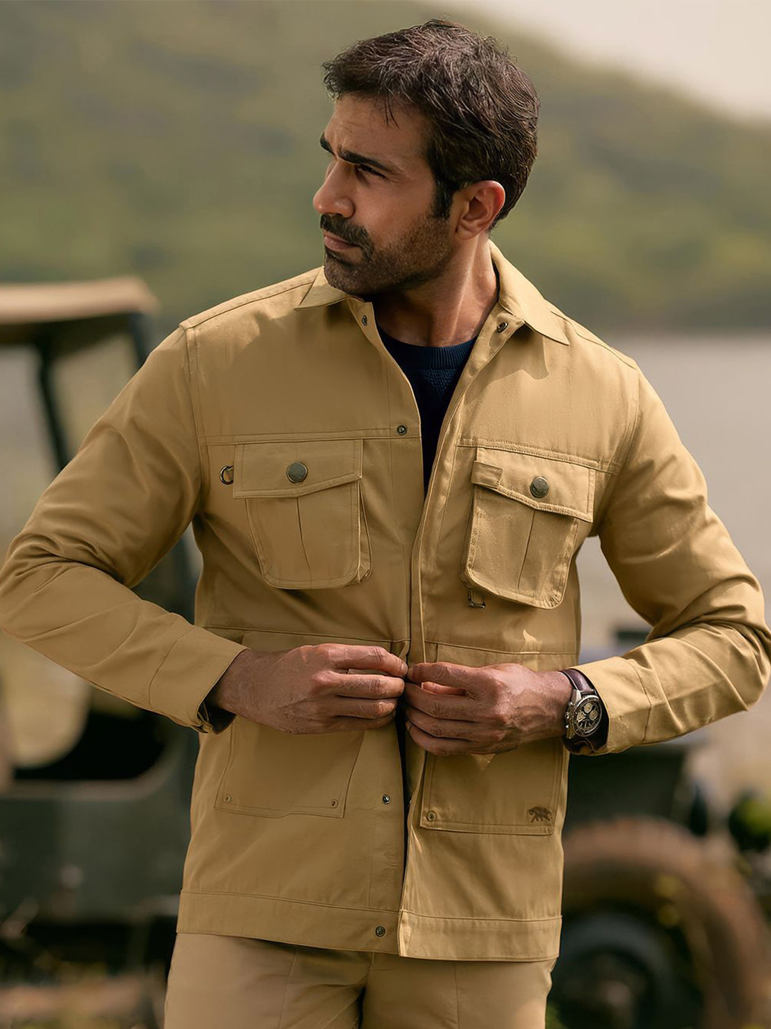 Andamen Escape Men Stand Collar Pocket Detail Cotton Regular Fit Jacket