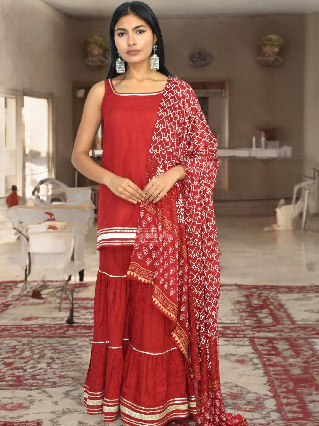 JAIPUR HAND BLOCK Gotta Patti Square Neck Pure Cotton Kurta With Sharara & Dupatta