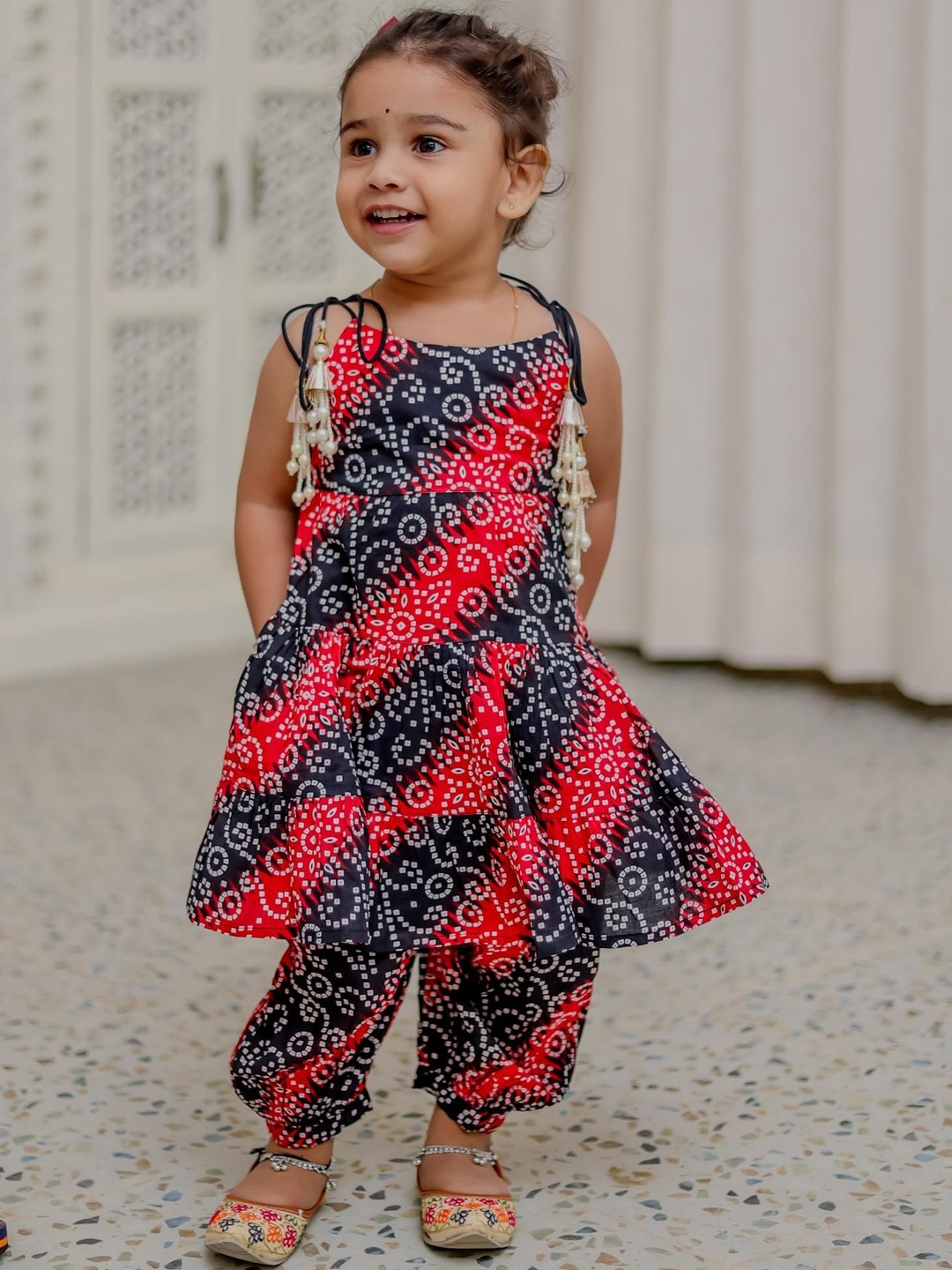 Borncry Girls Floral Printed Empire Gotta Patti Pure Cotton Kurta with Dhoti Pants