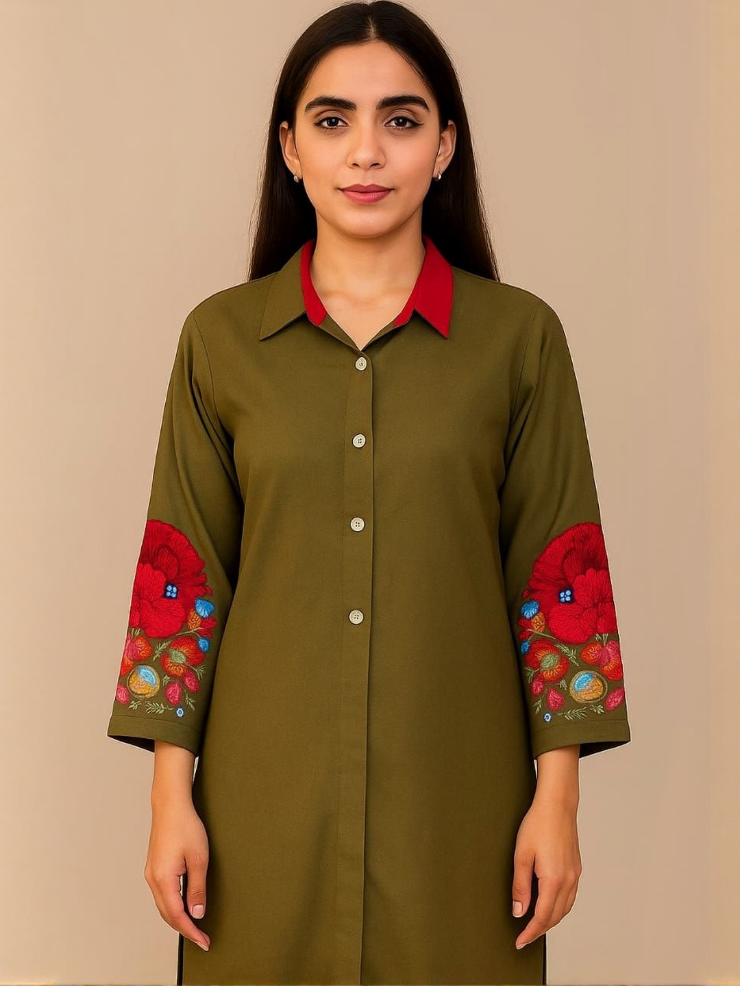 Agarwal Saree Floral Printed Shirt Collar Pure Cotton Staight Kurta With Trousers