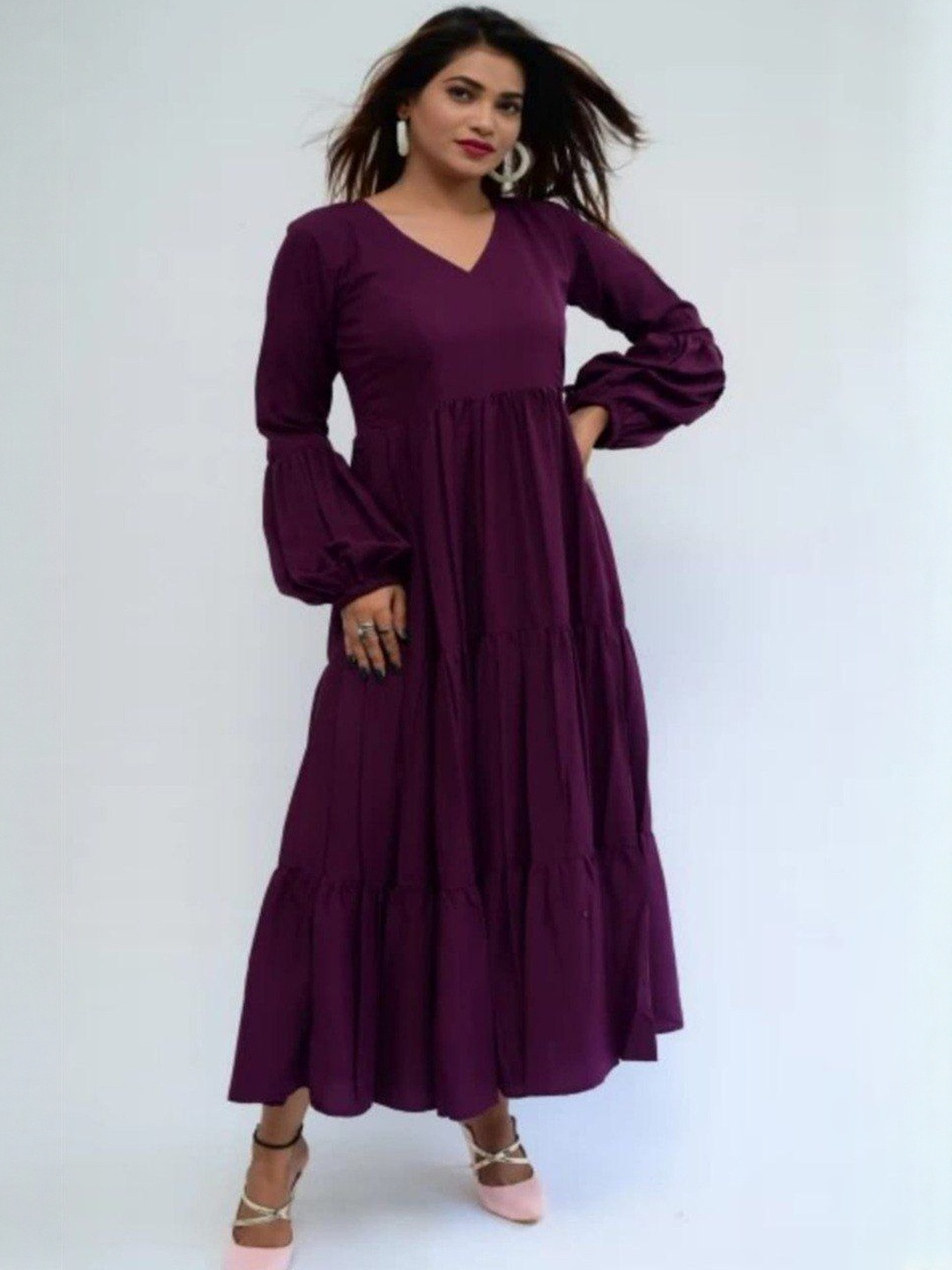 VS MALL Puff Sleeve Fit & Flare Midi Dress