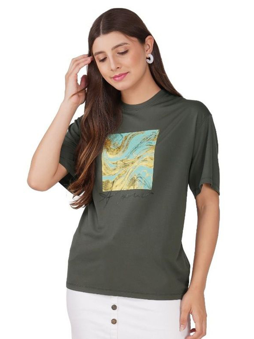 VERMELLO Abstract Printed Round Neck Cotton T-shirt