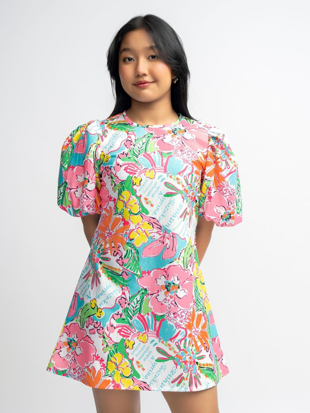 SEISHUN Girl's Abstract Printed Puff Sleeve A-Line Dress