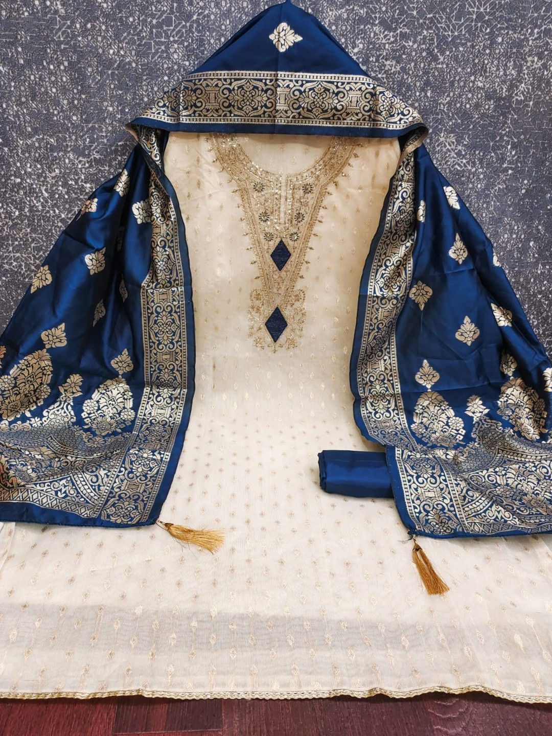 KALINI Women Blue Simmer Silk Jacquard With Coding Work Unstitched Dress Material