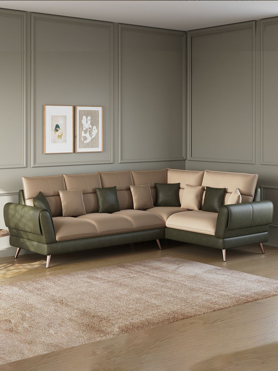 ARRA Green & Beige Right Facing Corner 6 Seater Designer Leatherette Sofa