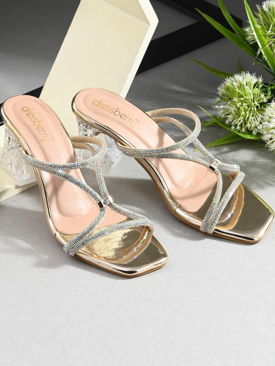 DressBerry Women Gold & Silver Embellished Open Toe Block Heel Sandal