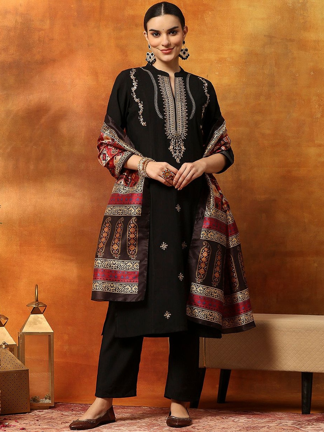 Nayam By Lakshita Women Embroidered Zari Work Kurta with Trousers & Printed Silk Dupatta Set