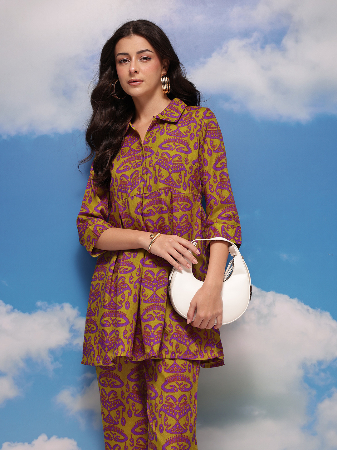 CORSICA Tribal Print Shirt Collar Empire Longline Tunic with Trousers