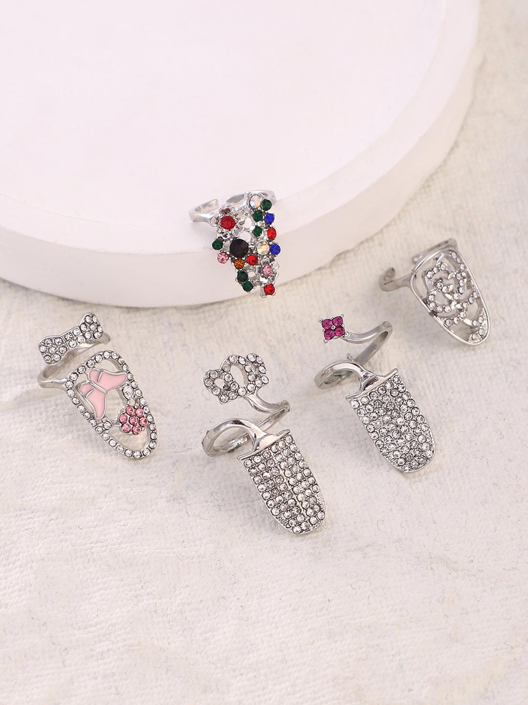 SOHI Set Of 5 Silver-Plated Stone Studded Regal Papillon Nail Finger Rings