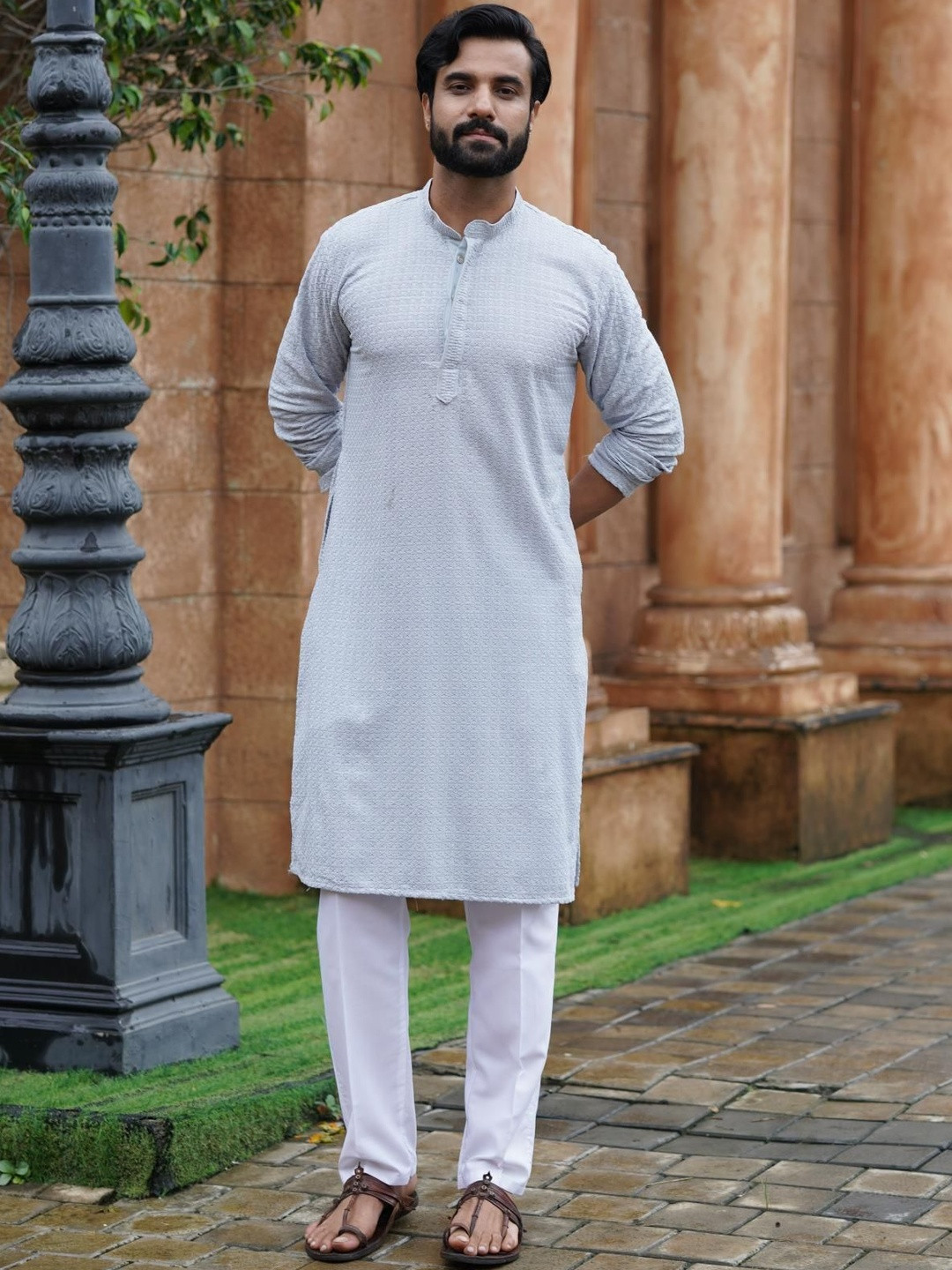 INDIROOP Men Self Design Kurta with Pyjama