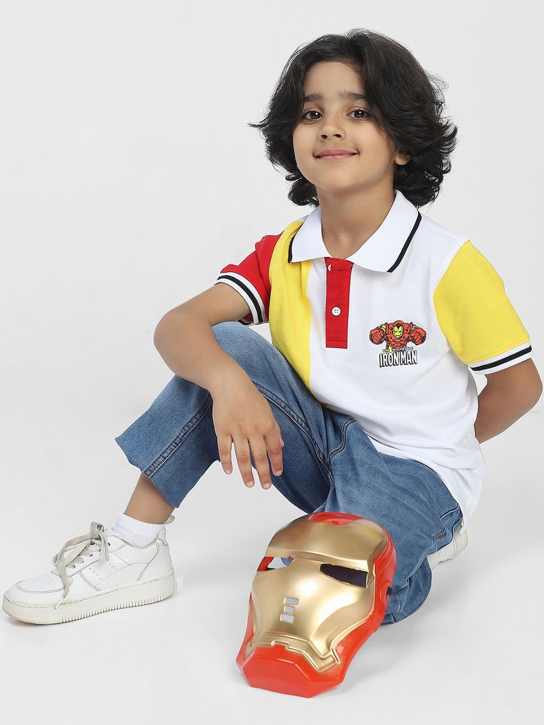 BONKIDS Boys Iron Man Colourblocked Polo Collar Cotton T-shirt