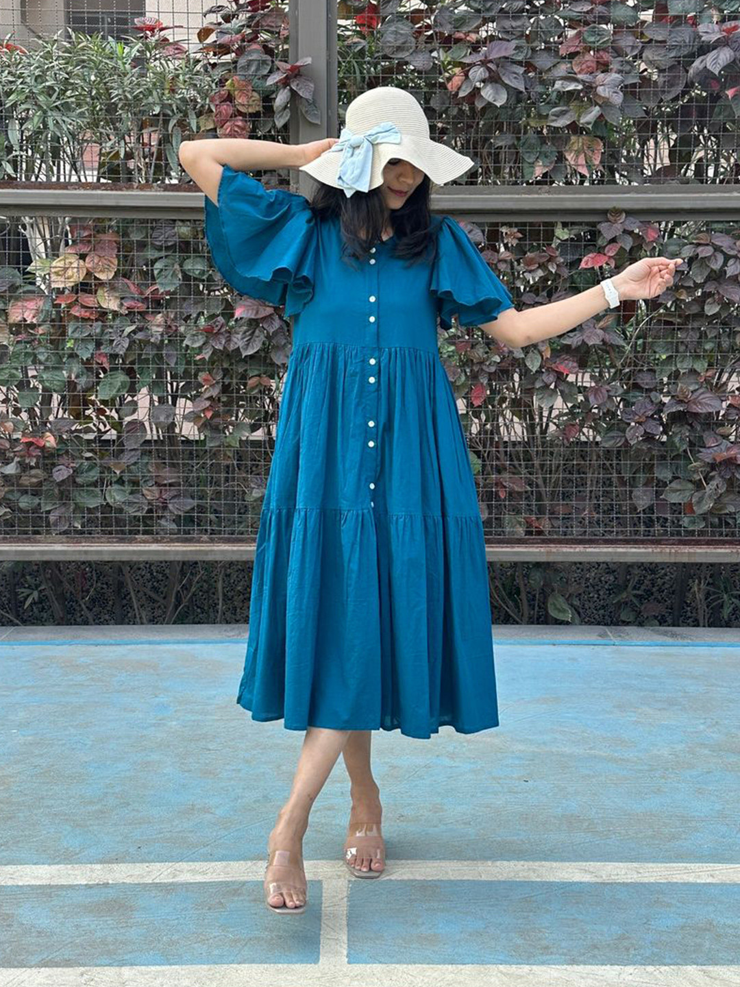 In Your Dreams Women Solid Gathered Tiered Cotton A-Line Midi Dress