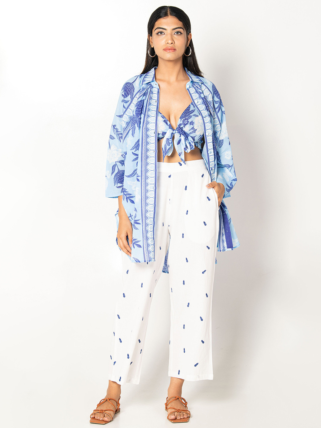NAAV Printed Cotton Shirt Collar Neck Shirt With Trousers Co-Ords Come With Bustier