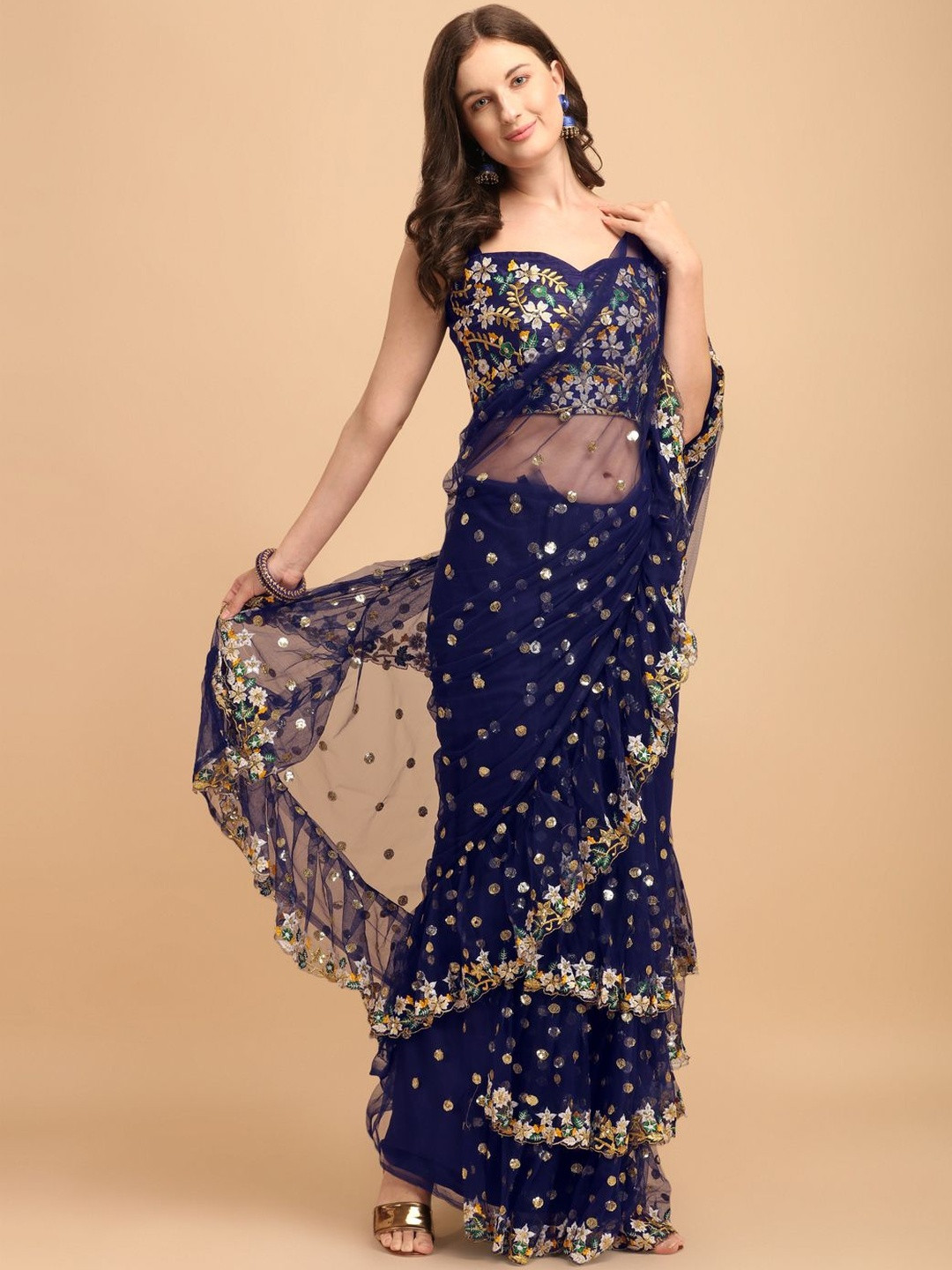 EVANIK Embroidered Sequence Work Ruffle  Net Saree With Unstitched Blouse