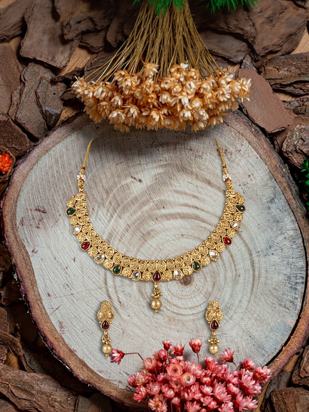 SOLLIGHT Gold-Plated Ruby Red & Cubic Zirconia-Studded Necklace With Earrings