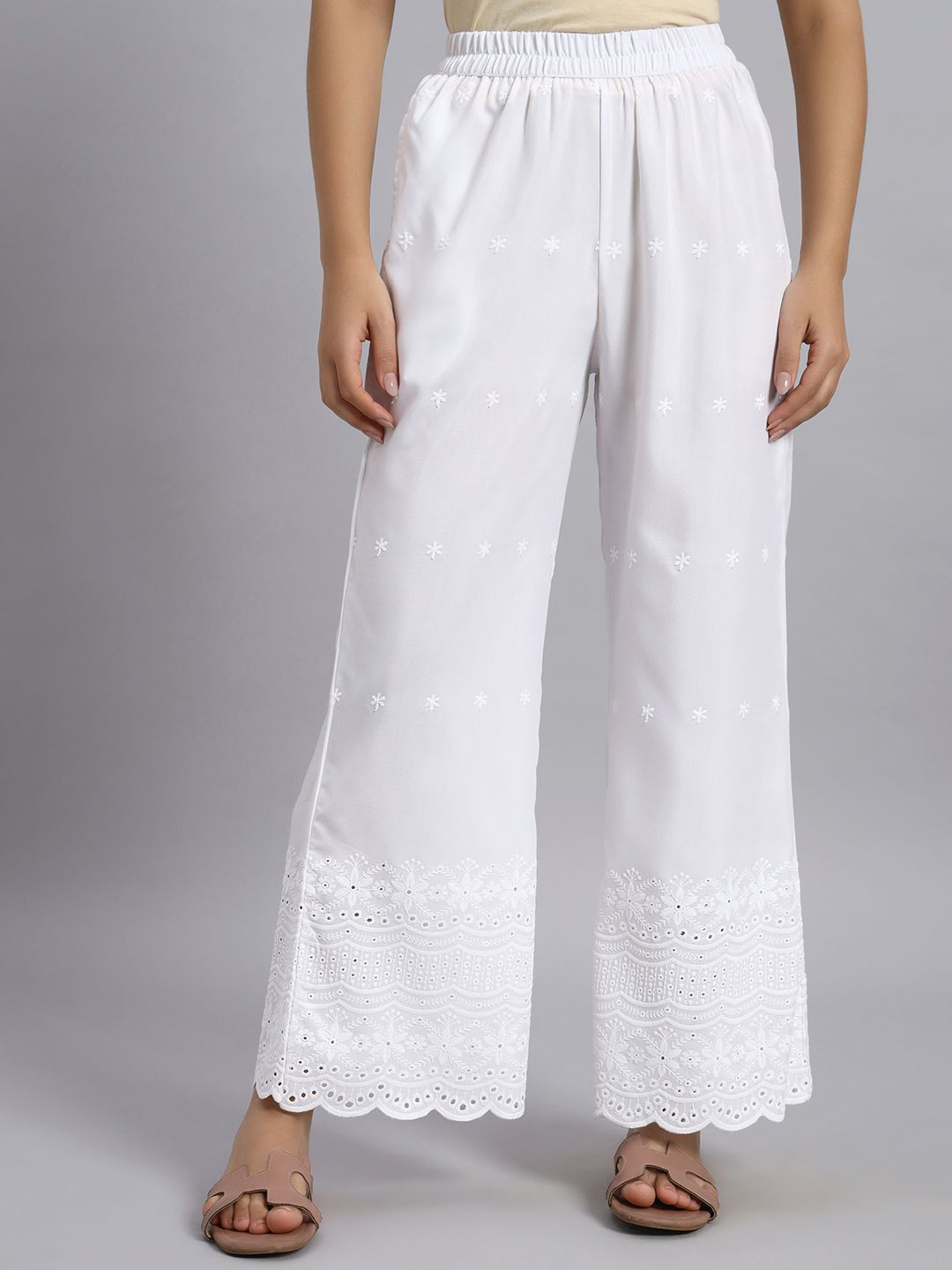 Shopping Queen Women Embroidered Chikankari Wide Leg Ethnic Palazzos