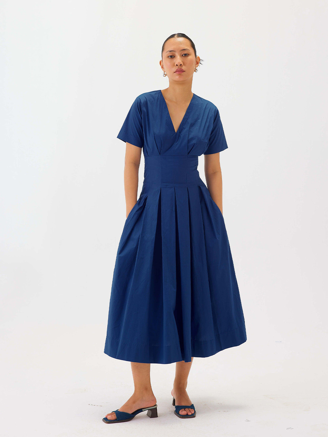 Shop Staple V-Neck Box Pleat Fit & Flare Midi Dress