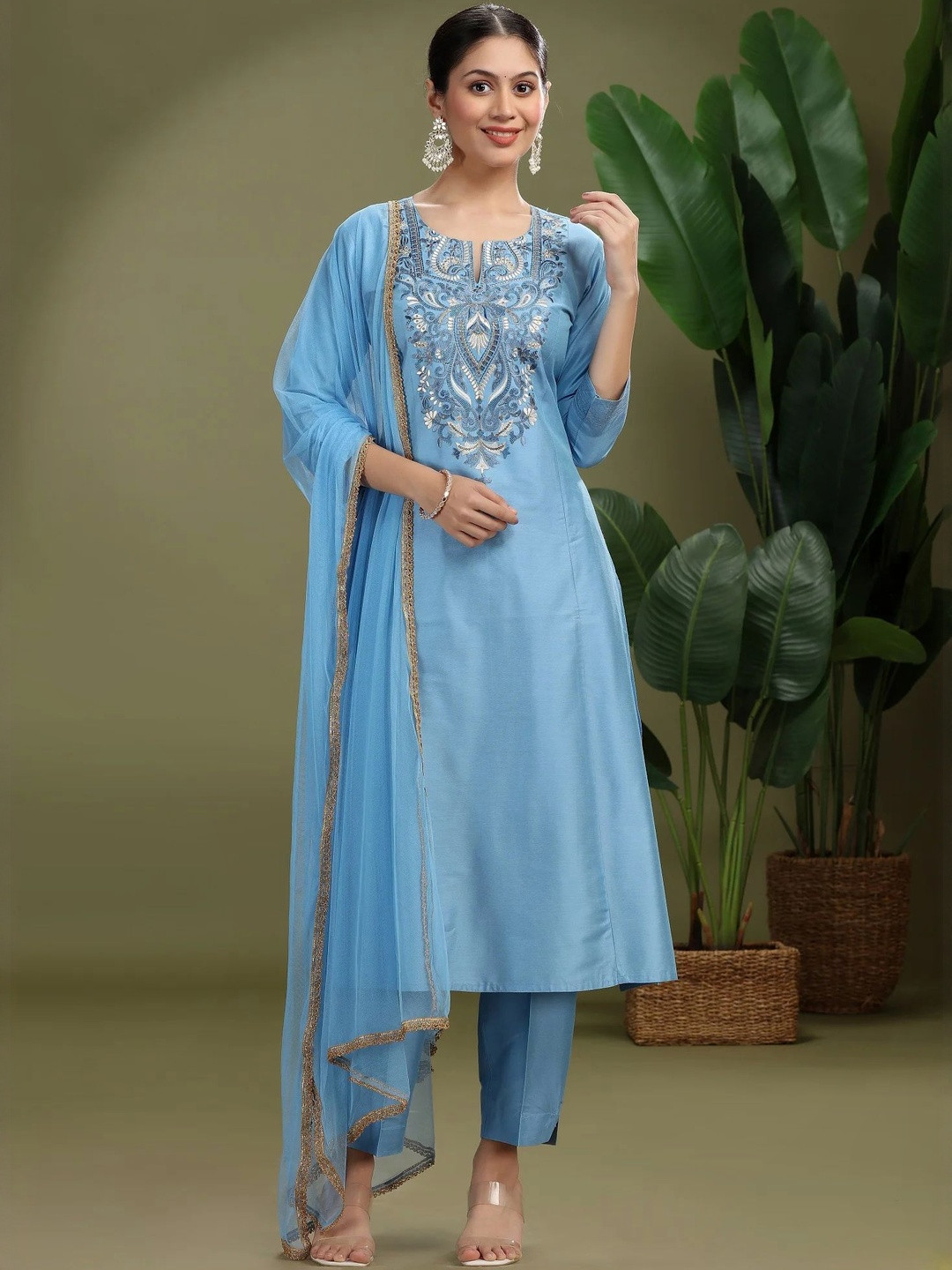COTTON CULTURE Floral Embroidered A-Line Kurta with Trousers & Dupatta