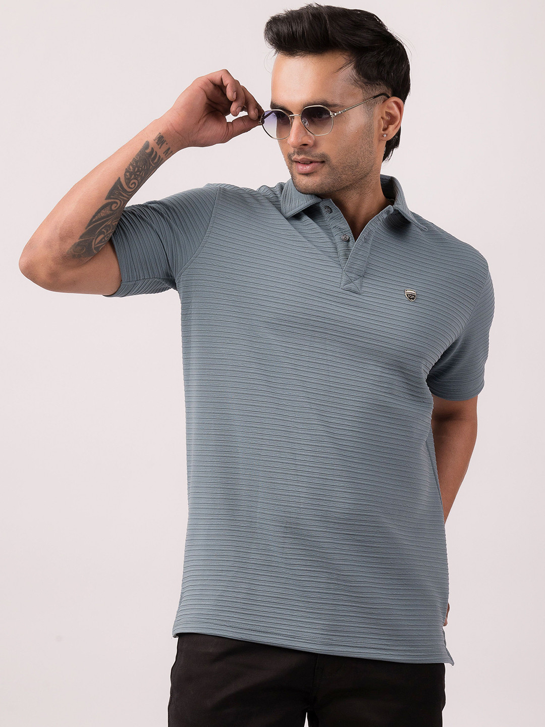 THREADS OF HARMAN Men Self Design Polo Collar Cotton T-shirt