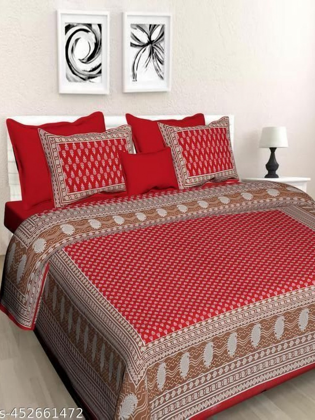 Cotton Choice Red & White Abstract Cotton 180 TC King Bedsheet Set 2.1m x 2.4m