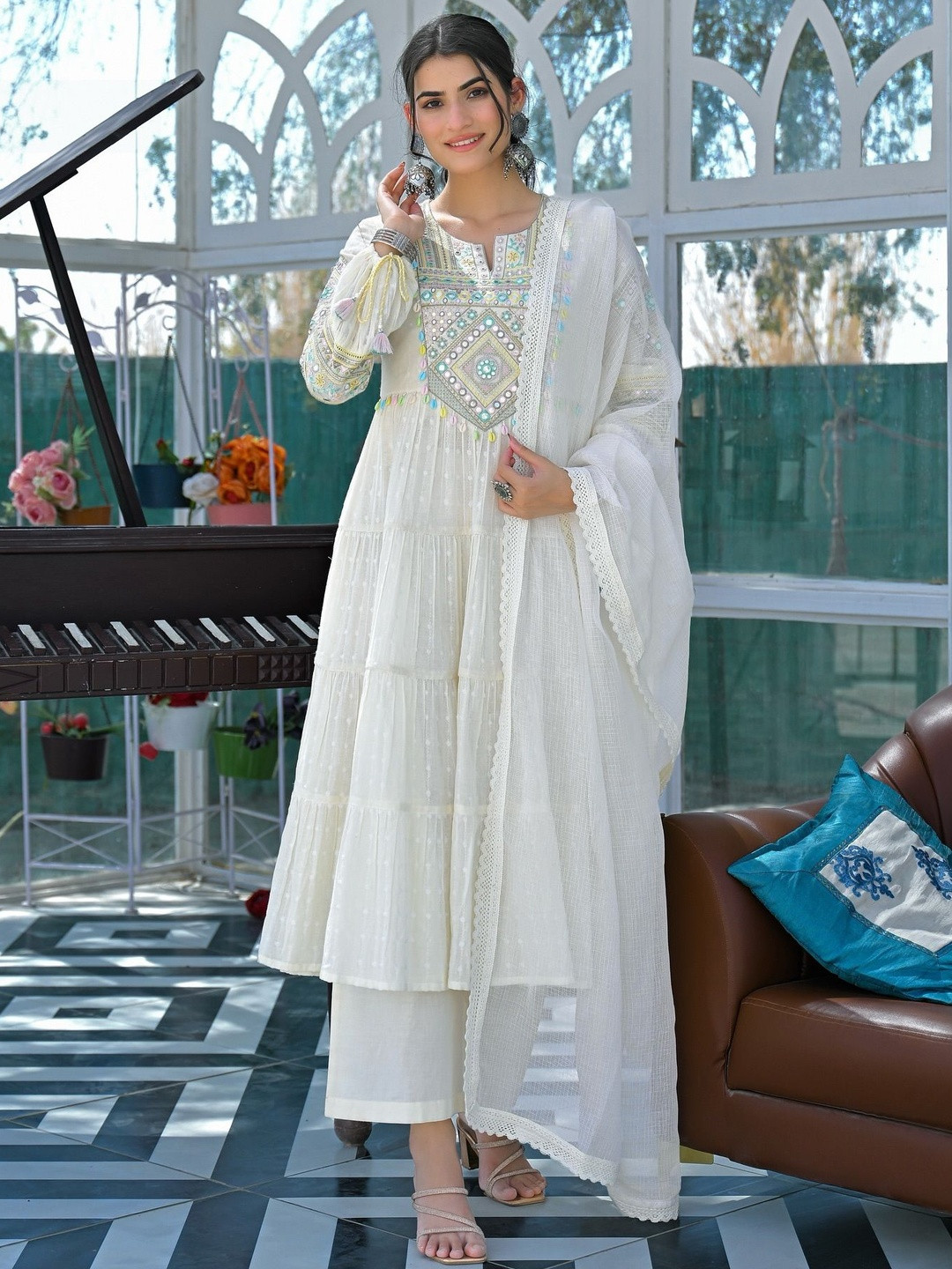 Morang Embroidered Regular Mirror Work Anarkali Kurta With Trousers & Dupatta