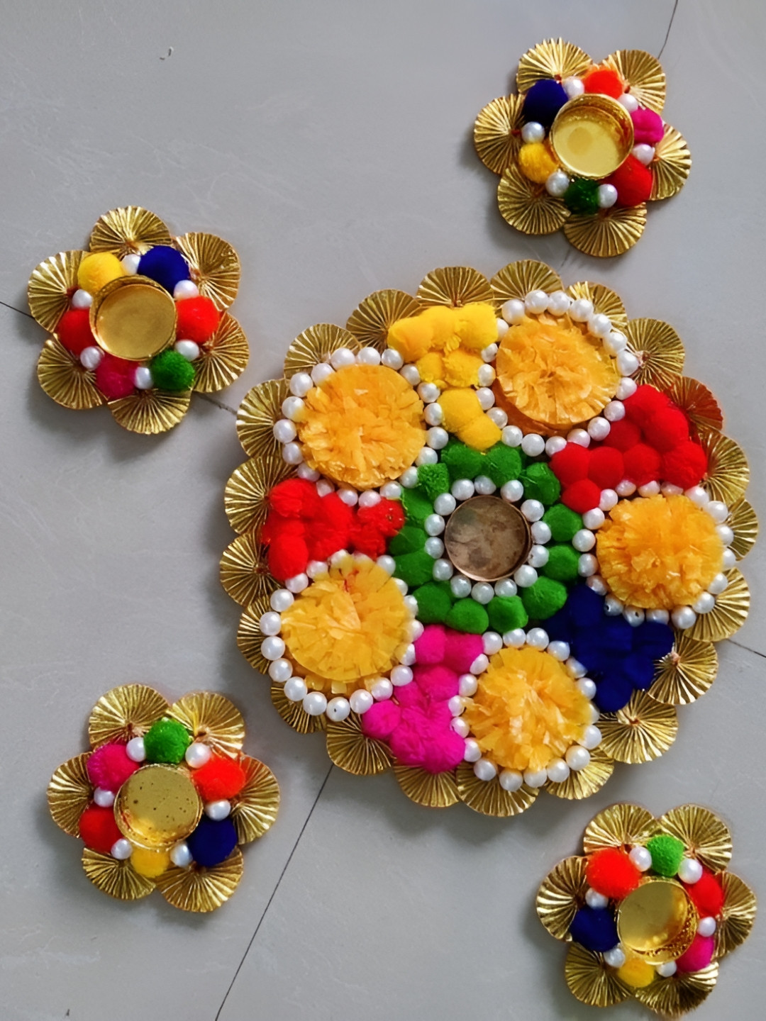 Sellplus Yellow & Green Decorative Genda Moti With Pom-Pom Candle Holder