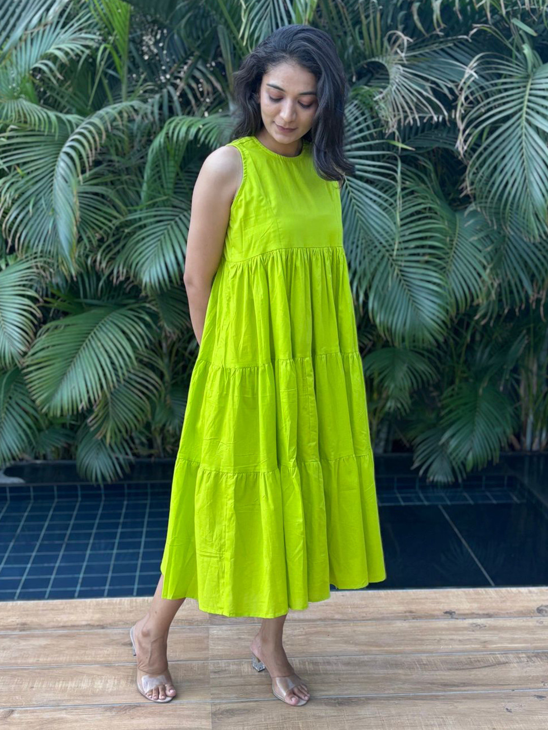 In Your Dreams Women Sleeveless Gathered or Pleated Tiered Cotton A-Line Midi Dress