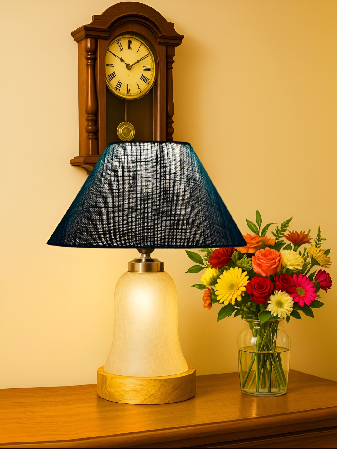 Devansh Turquoise Blue & White Textured Glass Frustum Shaped Table Lamp