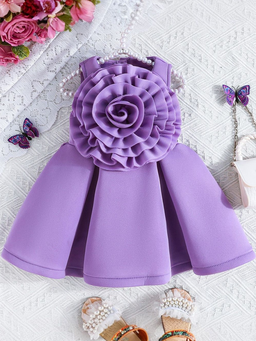 YK Girls Purple Pleated Scuba Dress with Statement Flower