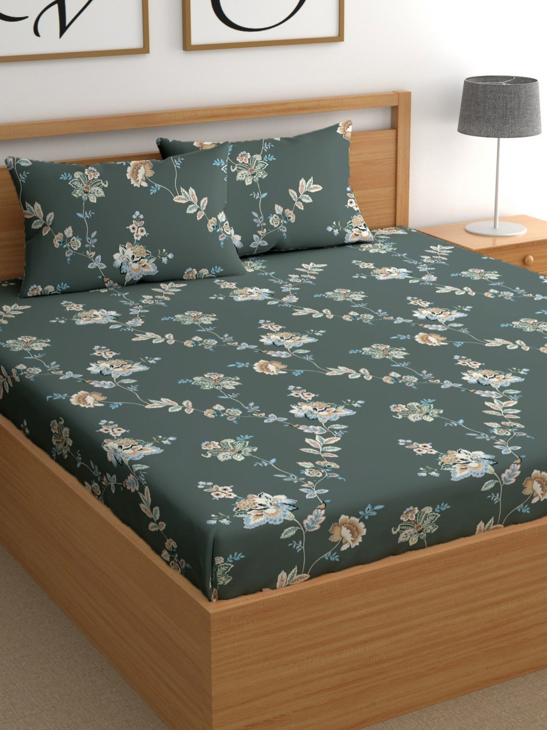 CHHAVI INDIA Green Floral 210 TC Bedsheet Set 2.50 m X 2.25 m