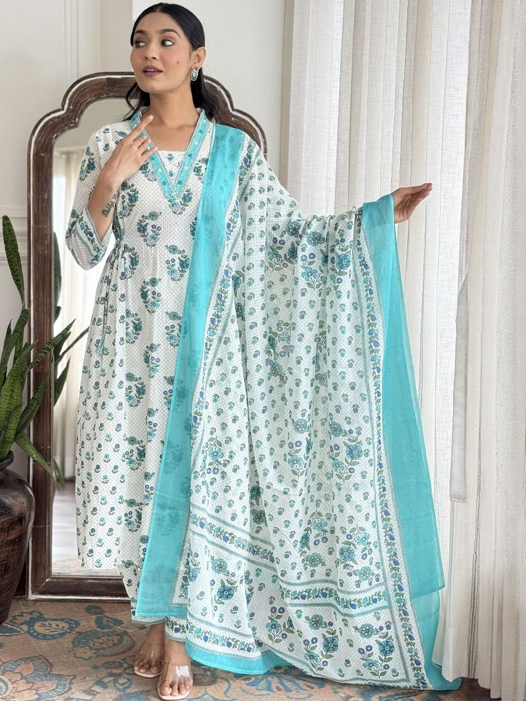 Vishishtah Women Floral Printed Pure Cotton A-Line Kurta with Salwar & Dupatta