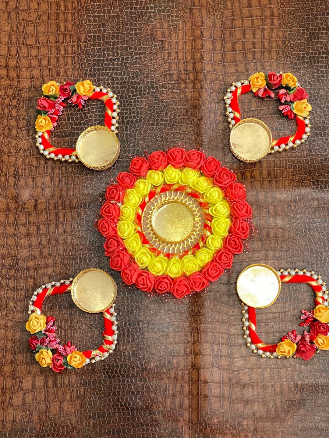 Sellplus Red & Yellow 5 Pieces Lotus & Elephant Tealight Candle Holders