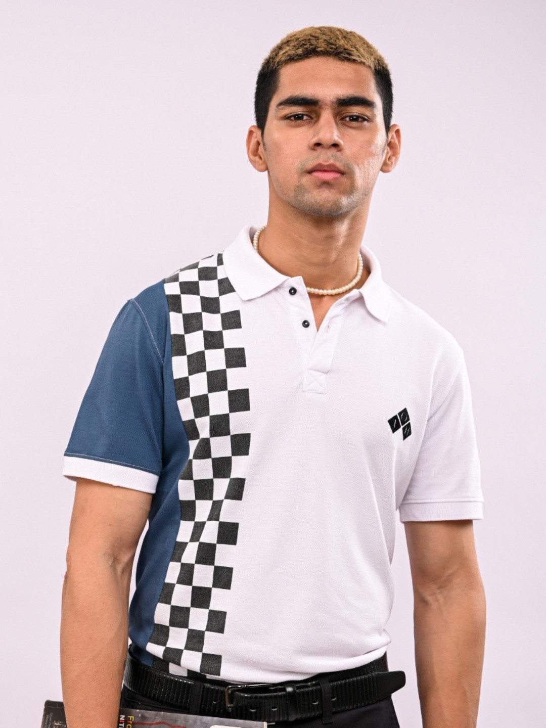 THREADS OF HARMAN Checked Colourblocked Polo Collar Cotton T-shirt