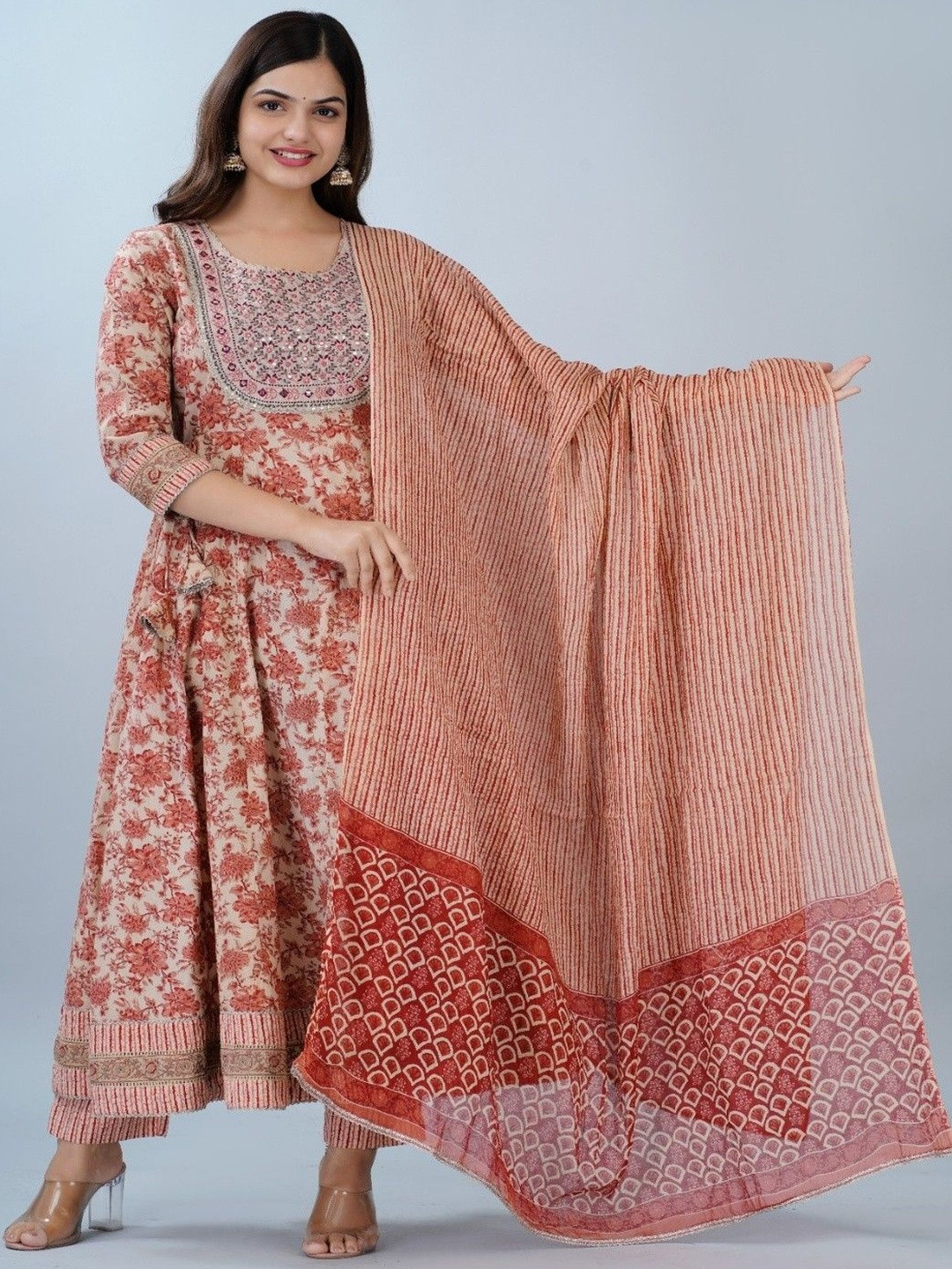 Aloan Beauty Women Floral Printed Pure Cotton Anarkali Kurta with Trouser & Dupatta