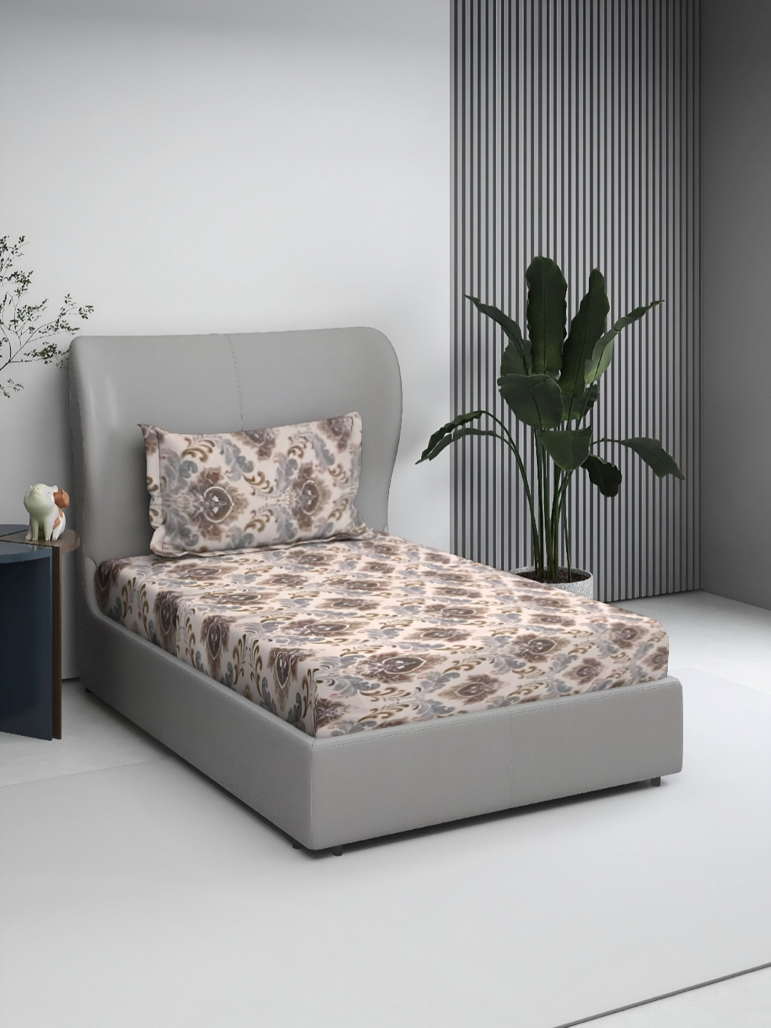 BOMBAY DYEING Fiesta Beige & Grey Printed Cotton 140 TC Single Bedsheet Set 2.28 m x 1.5 m