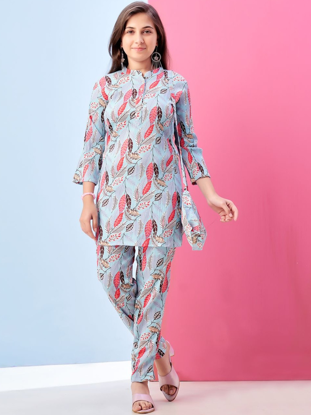 BAESD Women Ethnic Motifs Leafs Printed Top With Trousers Co-Ords