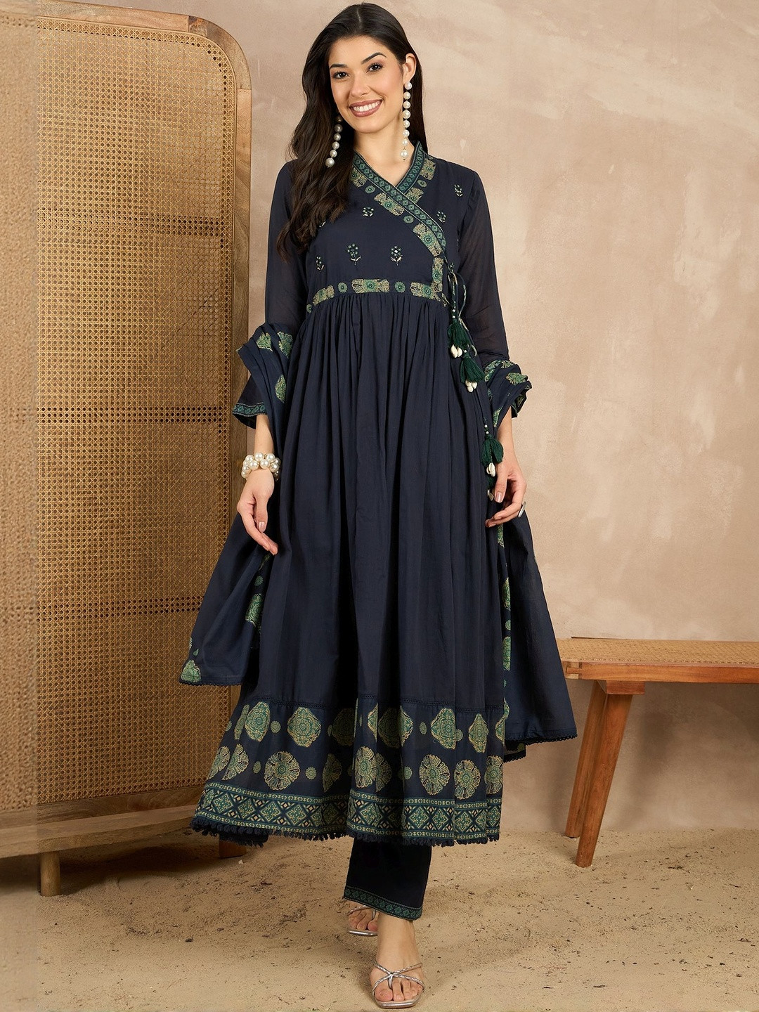 CHETI Angrakha Beads and Stones Kurta with Trousers & With Dupatta