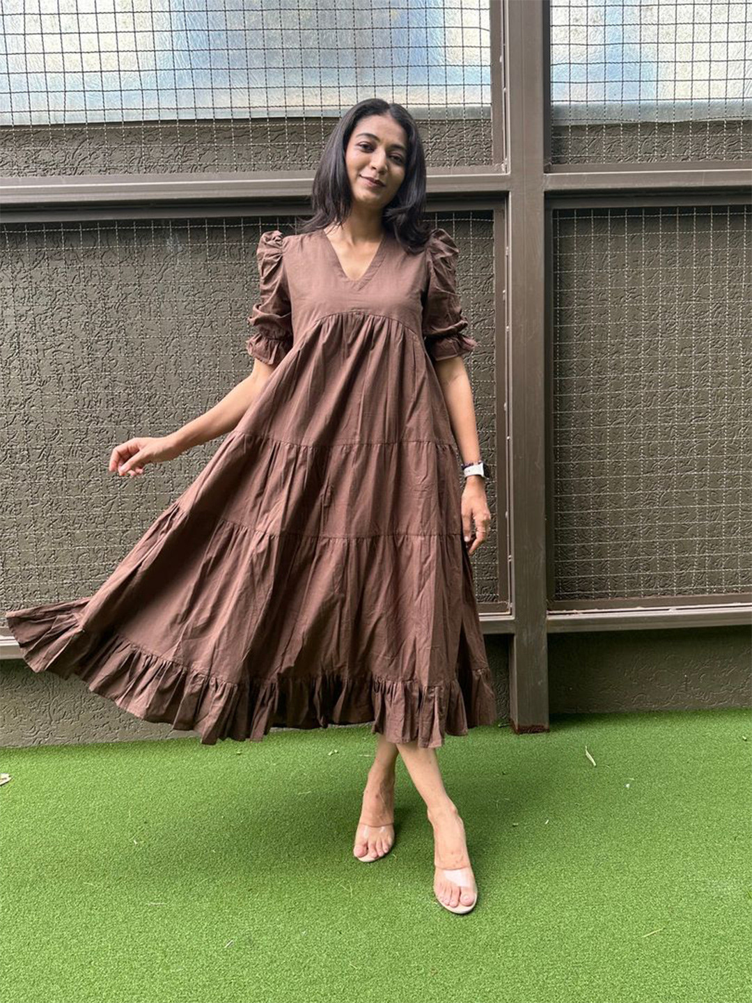 In Your Dreams Women Cotton Puff Sleeve A-Line Midi Dress