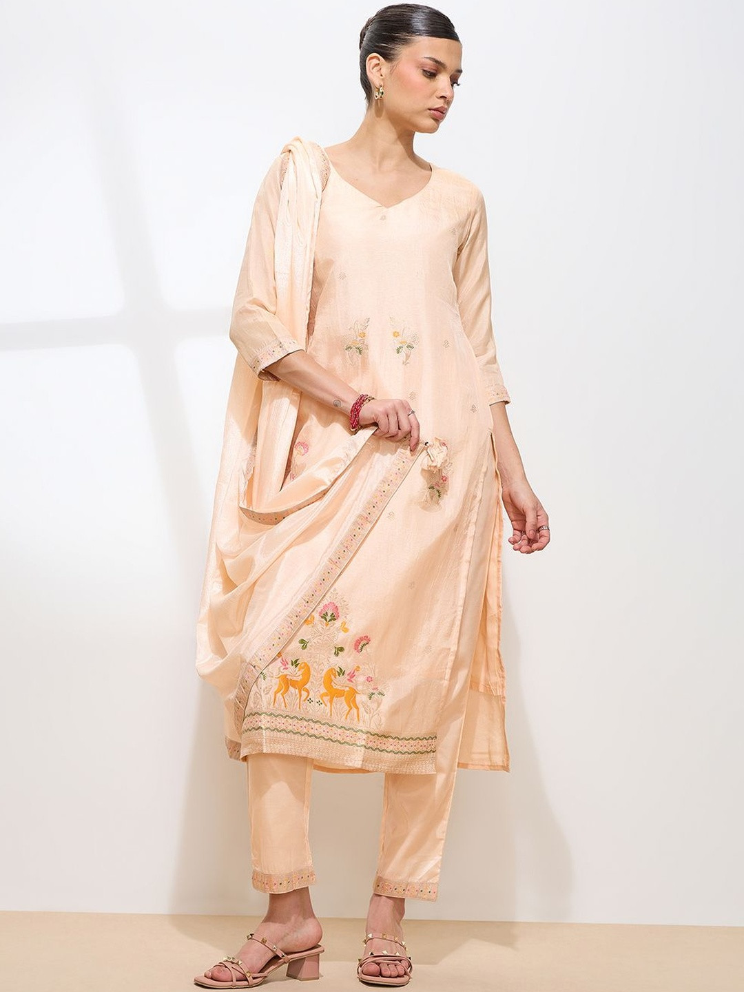 Shaily V-Neck Thread Work Pure Silk Straight Kurta With Trouser & Dupatta