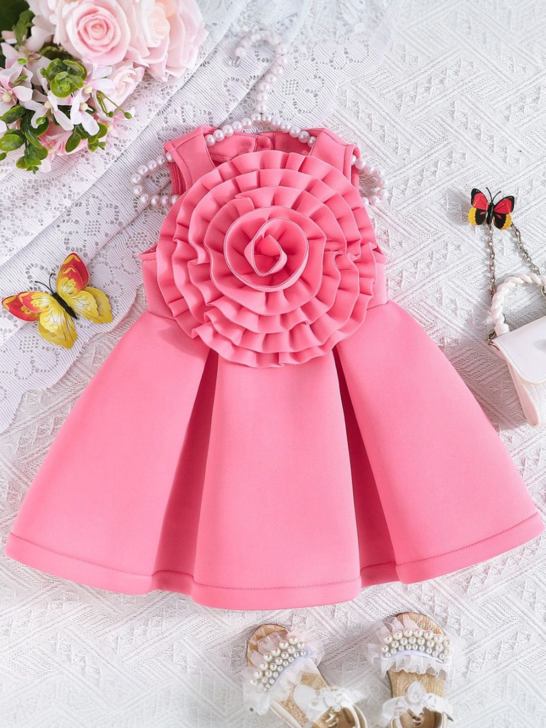 YK Girls Pink Pleated Scuba Dress with Statement Flower