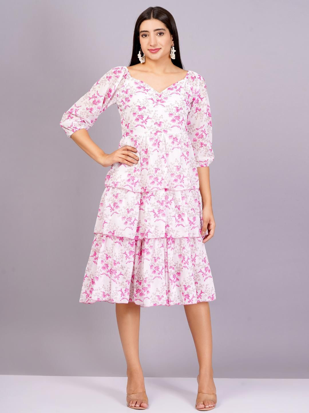 HIGHLIGHT FASHION EXPORT Floral Printed Layered Fit & Flare Midi Dress