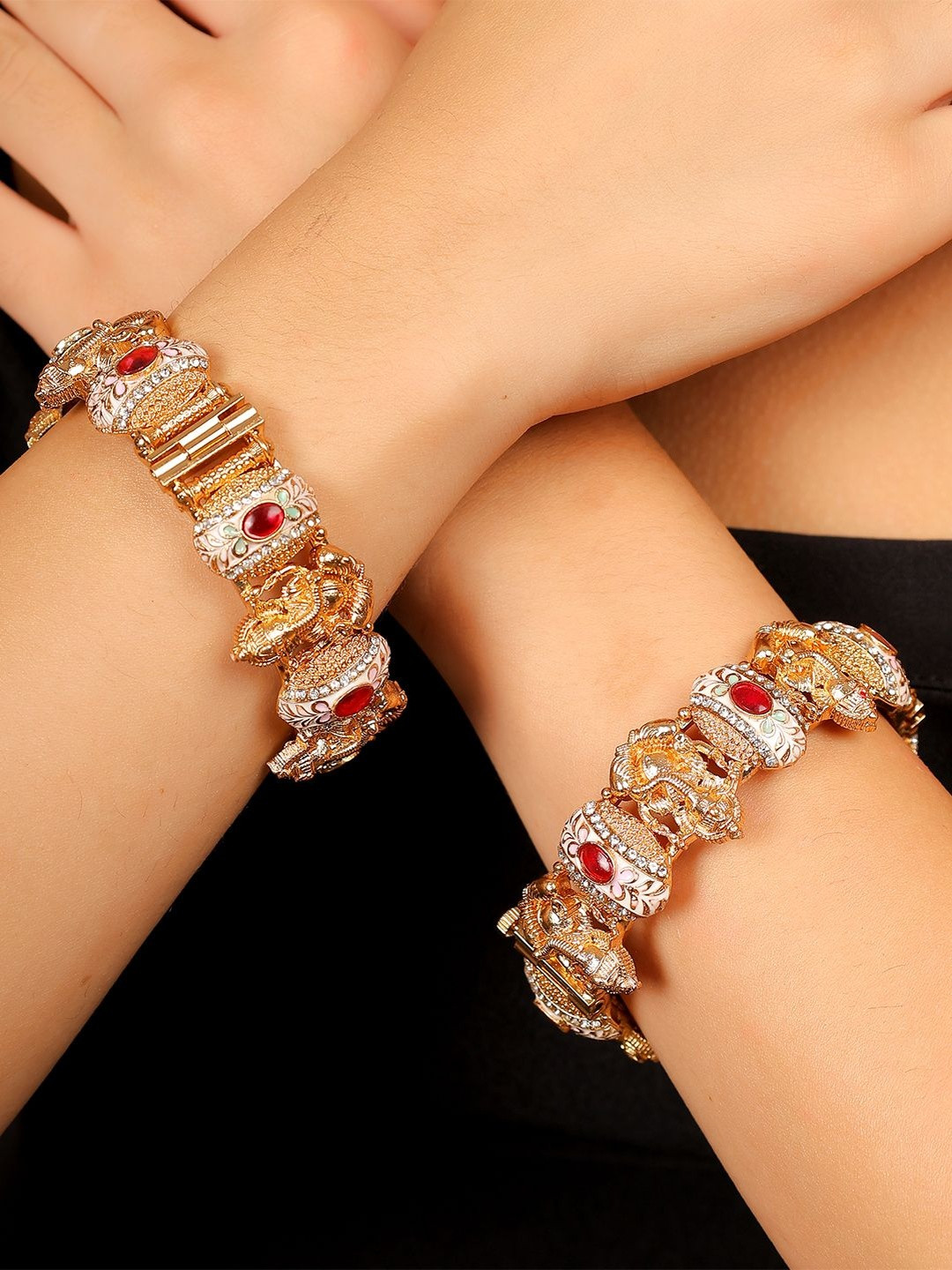 jooltara Women Set Of 2 Gold-Plated Stone-Studded Temple Design Bangles