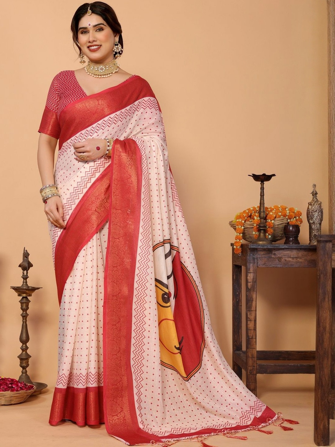 MAHARANI COUTURE Polka Dots Printed Zari Pure Linen Durga Look Banarasi Saree
