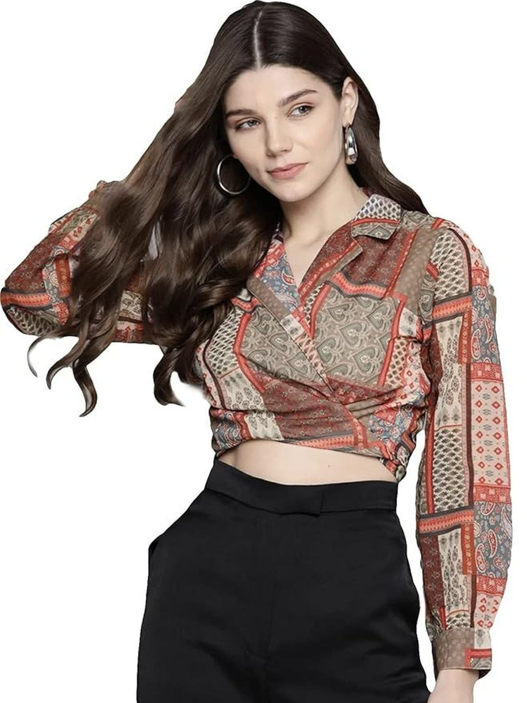 Nigel Designer Women Printed Ethnic Motifs Crop Shirt Style Top