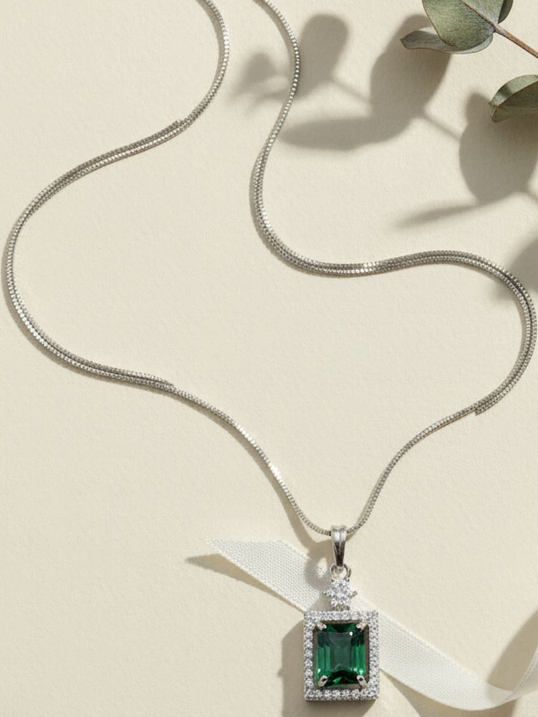 shringaar by neha German Silver Rhodium-Plated CZ Studded Square Pendant With Chain